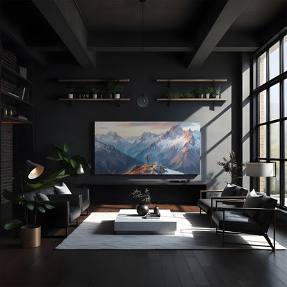 A spacious industrial-style living room with large windows, a white and black minimalist coffee table, and cozy seating. The mountain landscape canvas on the wall adds a sense of awe, contrasting with the dark modern decor.