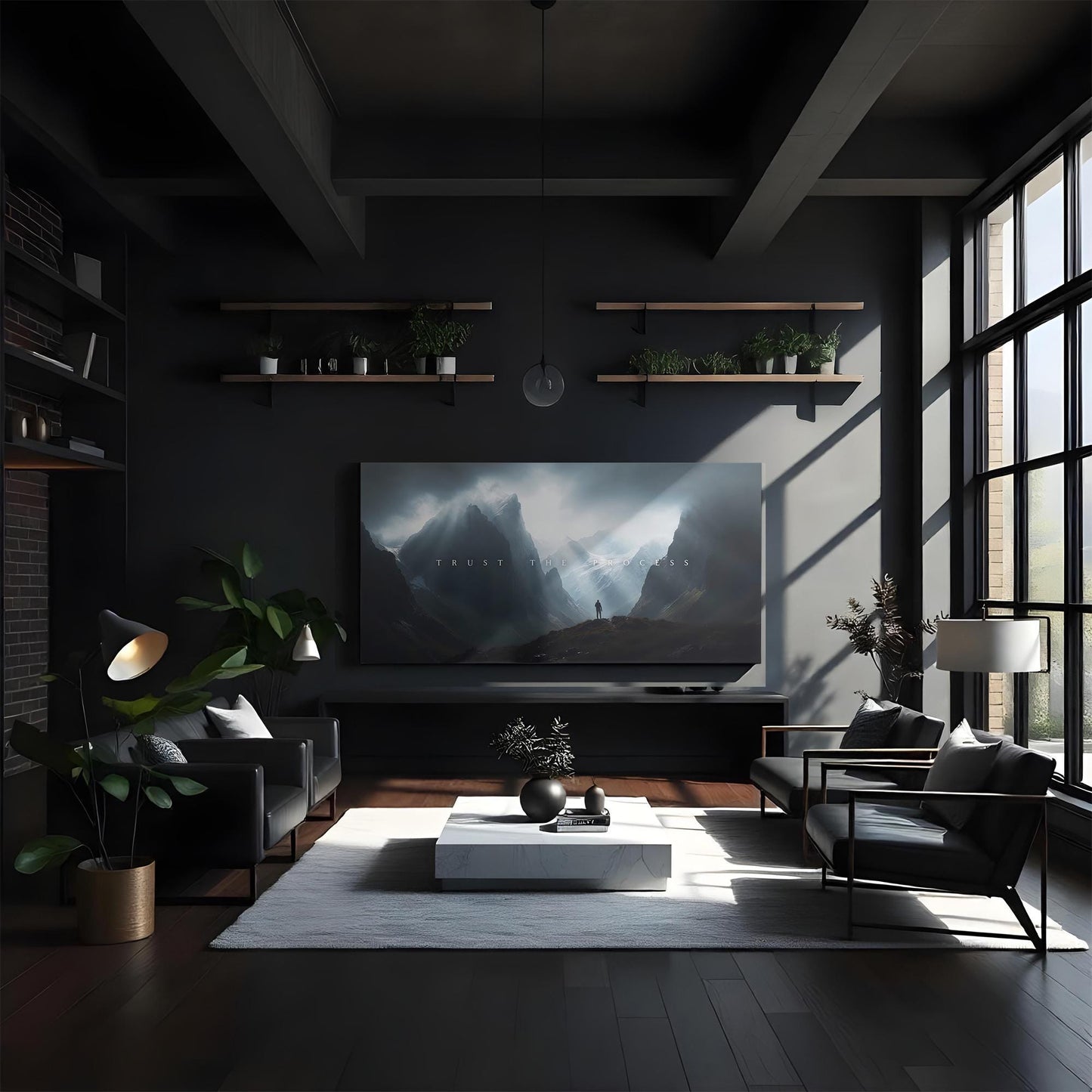 A cozy and stylish living room featuring two black leather chairs and a white coffee table. The &quot;TRUST THE PROCESS&quot; canvas art is the focal point on the wall, enhancing the minimalist and calm aesthetic of the space.