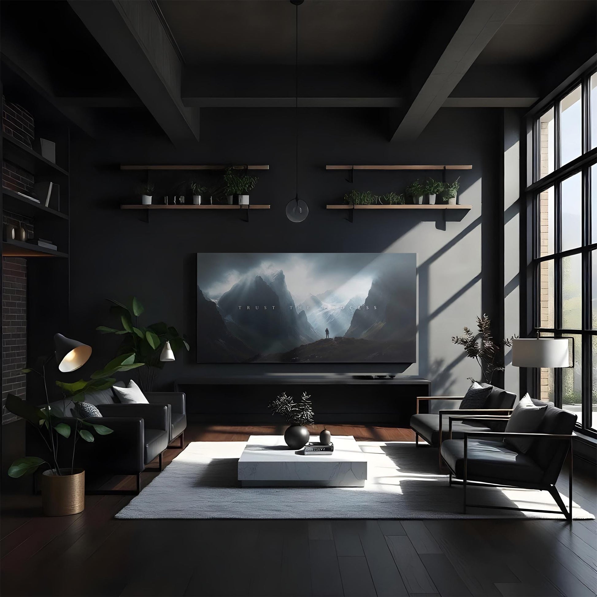 A cozy and stylish living room featuring two black leather chairs and a white coffee table. The &quot;TRUST THE PROCESS&quot; canvas art is the focal point on the wall, enhancing the minimalist and calm aesthetic of the space.