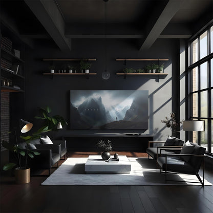 A cozy and stylish living room featuring two black leather chairs and a white coffee table. The &quot;TRUST THE PROCESS&quot; canvas art is the focal point on the wall, enhancing the minimalist and calm aesthetic of the space.
