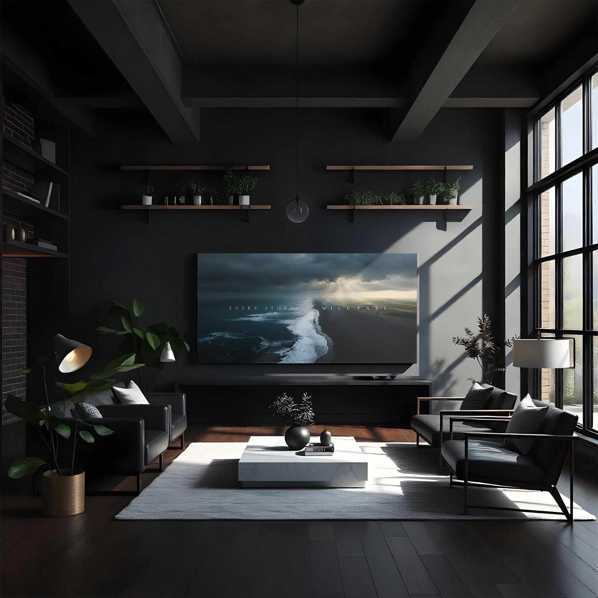 A stylish, open living space with a black-and-white color scheme. The &quot;Every Storm Will Pass&quot; canvas takes center stage on the wall, adding a striking contrast to the surrounding modern furniture and warm sunlight streaming in through large windows.