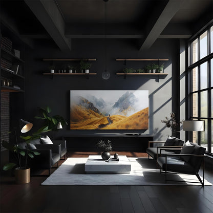 A stylish living room with a comfortable gray sofa and modern furniture. A stylish living room with a comfortable gray sofa and modern furniture. The &quot;Growth Starts Where Comfort Ends&quot; canvas hangs on the wall above the sofa, complementing the serene, minimalist design of the room with its earthy tones and foggy mountain backdrop.