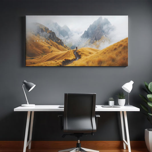 A modern office with a sleek desk, black chair, and minimal decor. The &quot;Growth Starts Where Comfort Ends&quot; artwork hangs on the wall, bringing inspiration to the room. The design is clean and contemporary, enhancing the workspace ambiance.