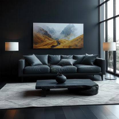 A cozy, contemporary living room featuring a black sofa and dark wooden furniture. The &quot;Growth Starts Where Comfort Ends&quot; canvas is displayed above the couch, adding an inspiring touch to the space. Large windows let natural light brighten the room.
