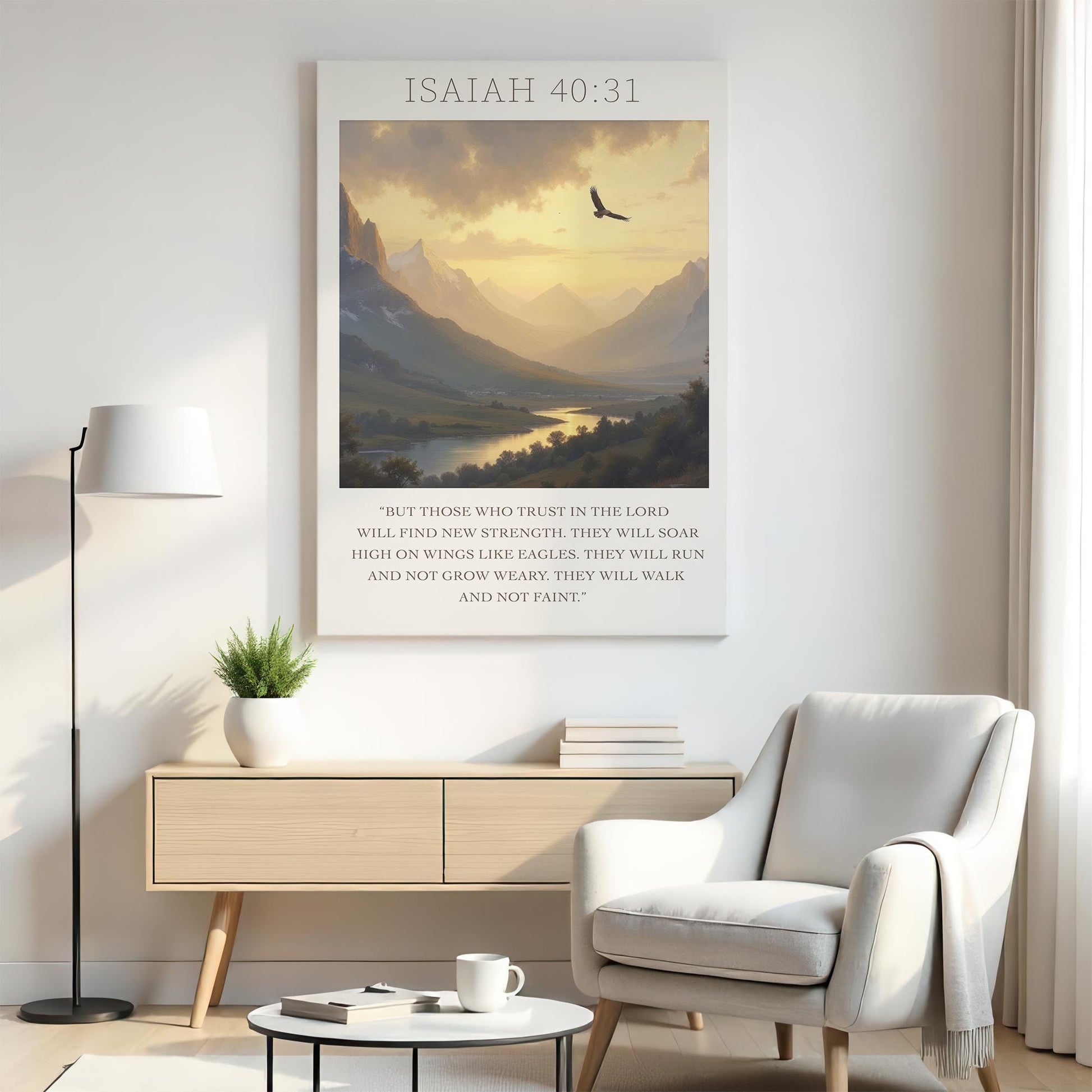 : A bright, serene room with neutral tones and simple decor. The &quot;Isaiah 40:31&quot; canvas artwork, featuring an eagle flying above a tranquil valley at sunset, brings a spiritual sense of peace and motivation to the space, enhancing the room’s peaceful ambiance.