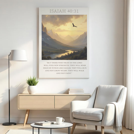 : A bright, serene room with neutral tones and simple decor. The &quot;Isaiah 40:31&quot; canvas artwork, featuring an eagle flying above a tranquil valley at sunset, brings a spiritual sense of peace and motivation to the space, enhancing the room’s peaceful ambiance.