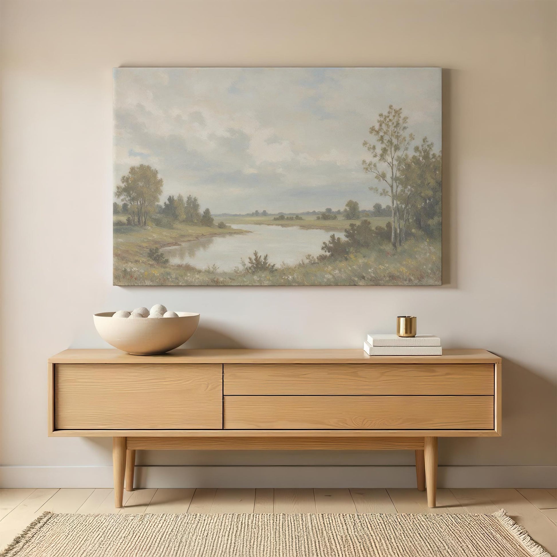 Vintage-inspired landscape canvas above a mid-century modern wooden sideboard. Styled with neutral ceramics, gold accents, and a calming, warm-toned aesthetic.