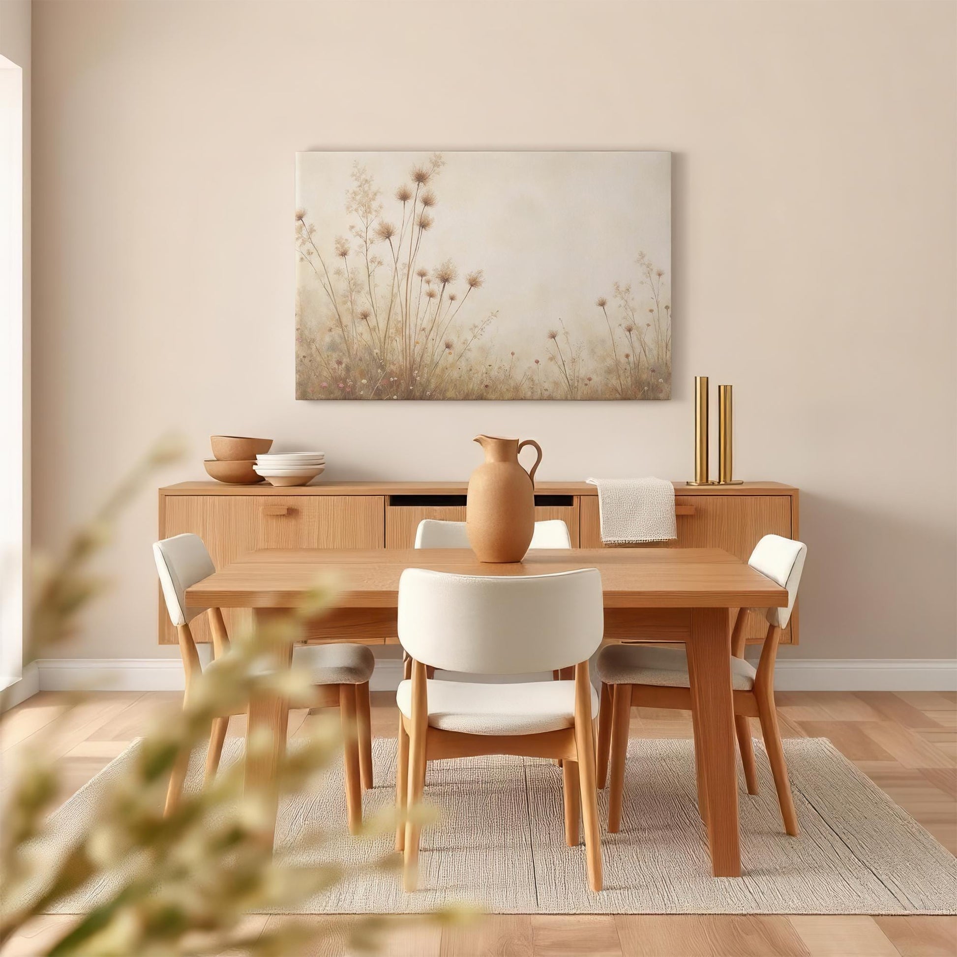 Minimalist floral canvas in a modern dining room. Styled with a wooden table, neutral ceramics, and soft lighting for a natural, calming ambiance.