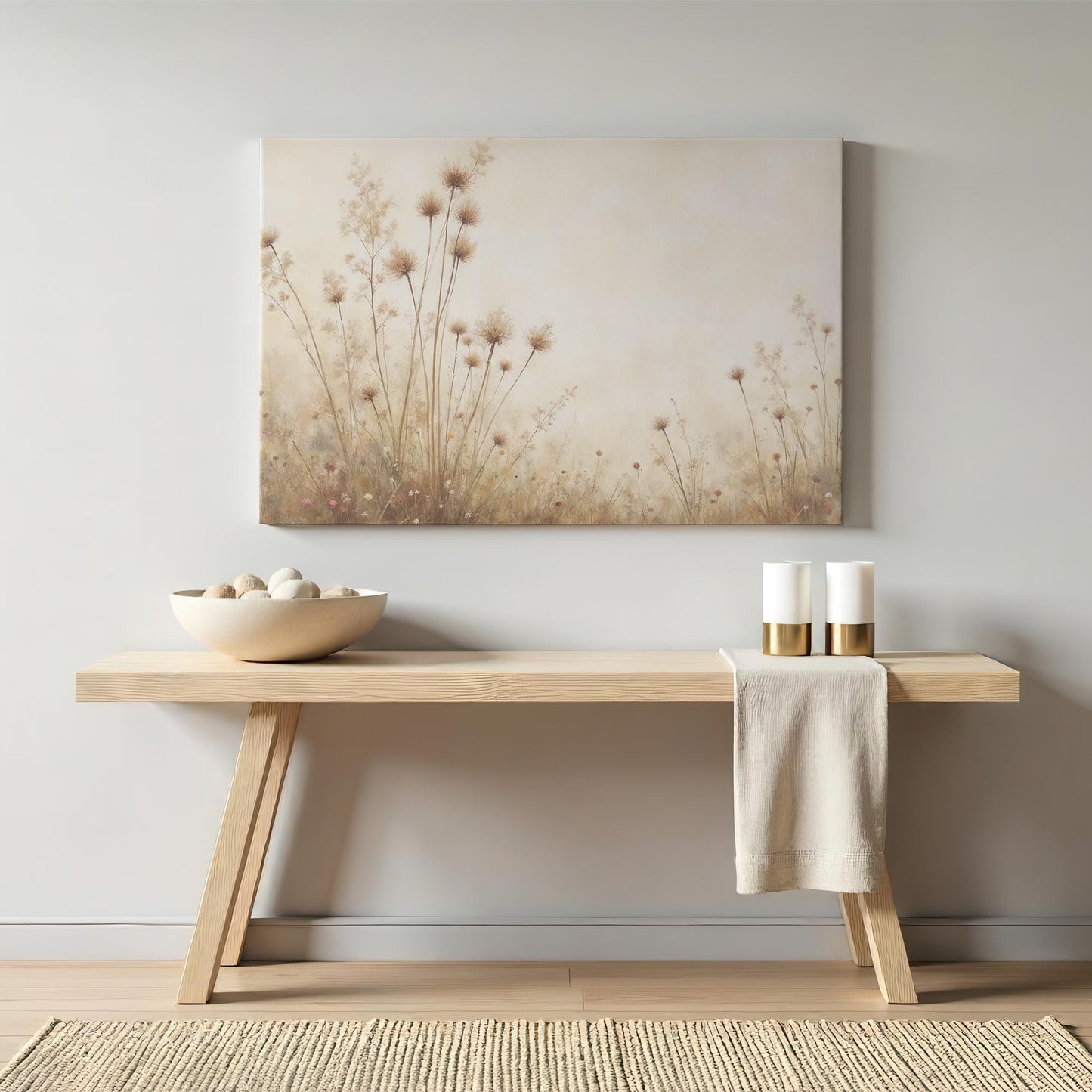 Elegant wildflower canvas above a minimalist wooden console. Styled with a neutral ceramic bowl and gold-accented candles for a refined, nature-inspired aesthetic.