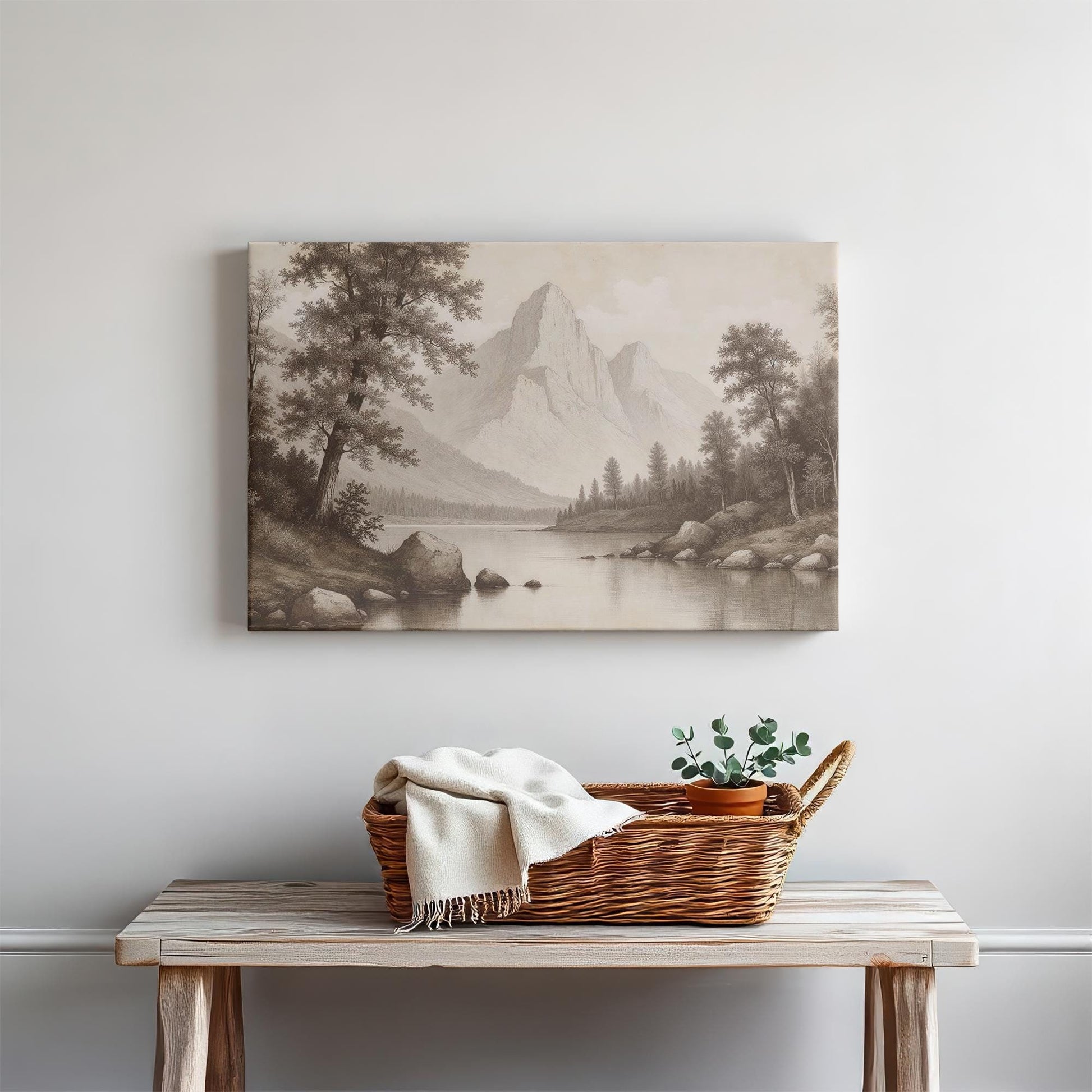 Sepia-toned mountain landscape canvas featuring a serene lake, towering peaks, and lush forest. A timeless nature-inspired artwork for classic and rustic interiors.