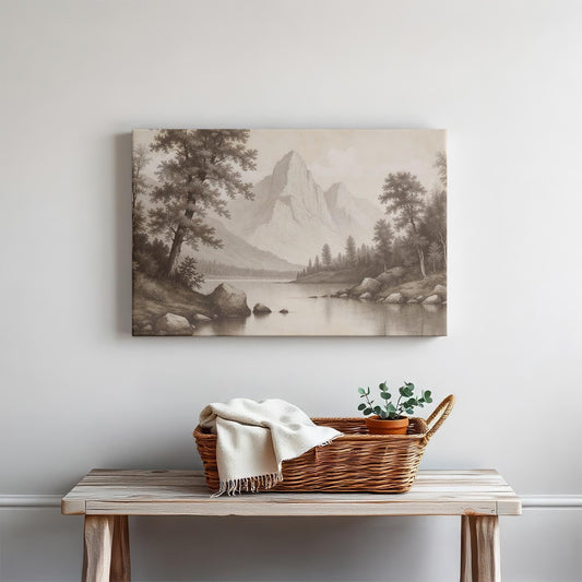 Sepia-toned mountain landscape canvas featuring a serene lake, towering peaks, and lush forest. A timeless nature-inspired artwork for classic and rustic interiors.