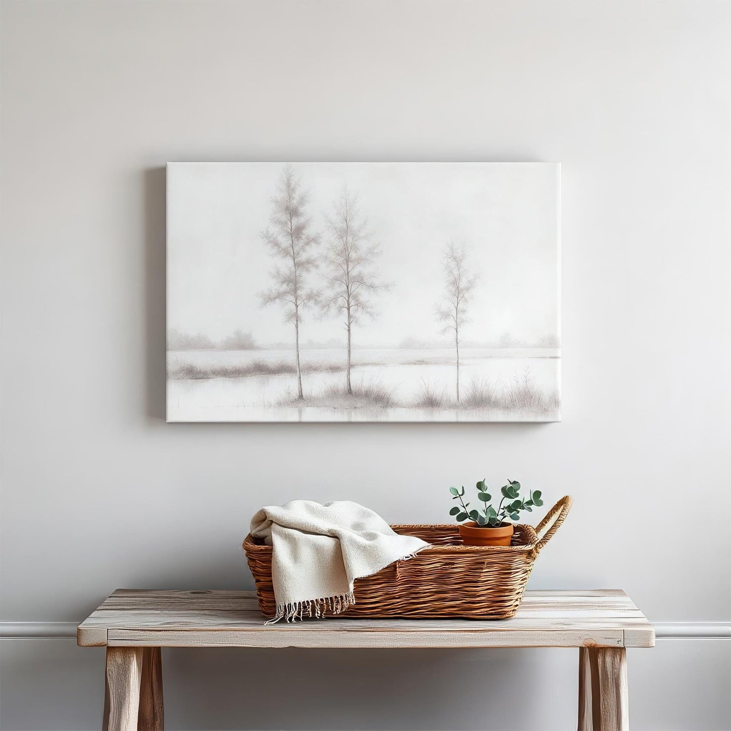 A minimalist black-and-white canvas art piece featuring three tall, slender trees standing in a serene flooded field, creating a peaceful, modern aesthetic. Perfect for neutral, contemporary decor.