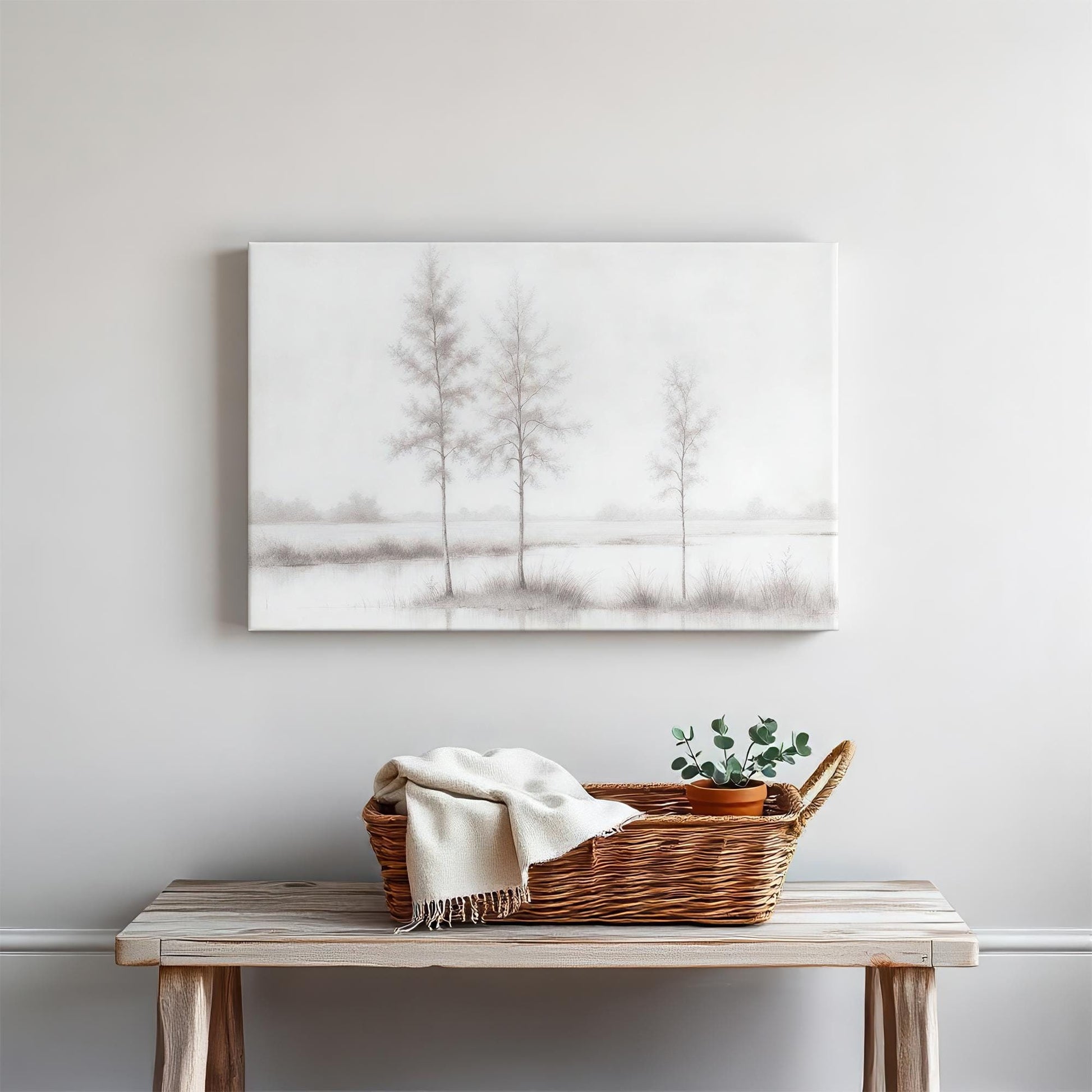 A minimalist black-and-white canvas art piece featuring three tall, slender trees standing in a serene flooded field, creating a peaceful, modern aesthetic. Perfect for neutral, contemporary decor.