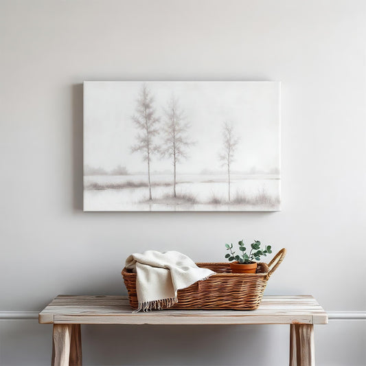 A minimalist black-and-white canvas art piece featuring three tall, slender trees standing in a serene flooded field, creating a peaceful, modern aesthetic. Perfect for neutral, contemporary decor.