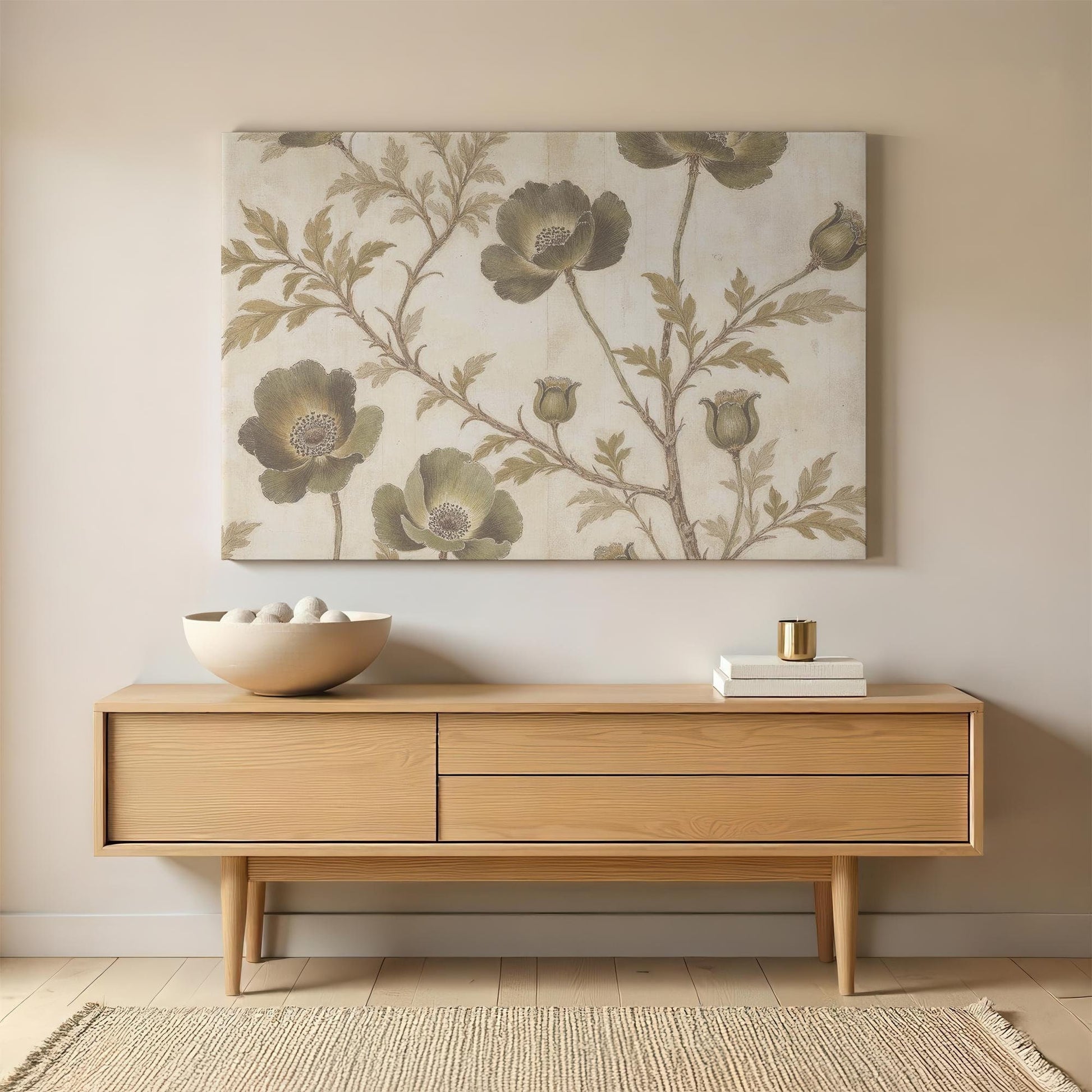 A large canvas print featuring an elegant vintage floral design with muted green flowers and delicate leaves is mounted above a wooden sideboard. The decor includes a neutral-toned bowl with decorative spheres and a stack of books with a gold accent.