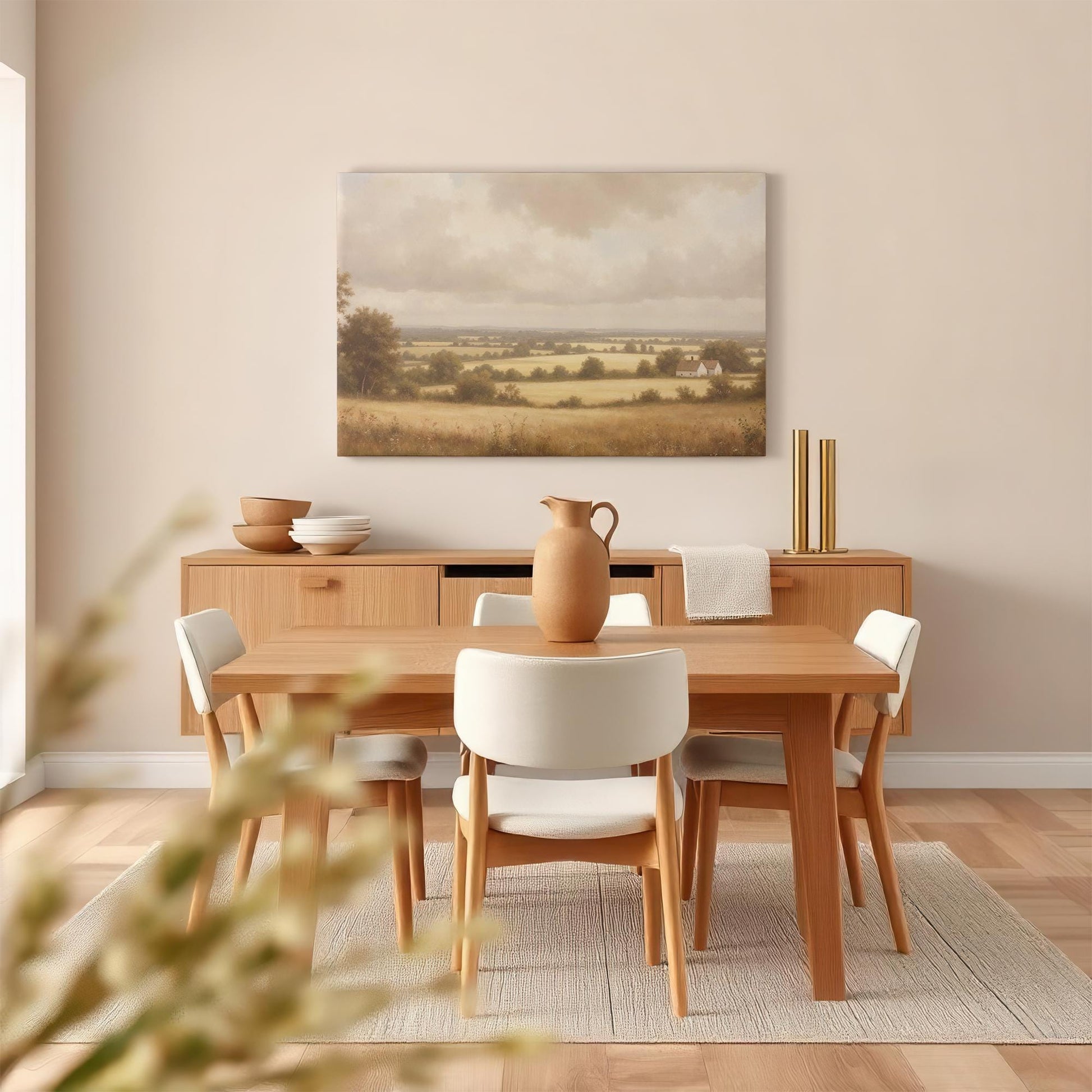 A farmhouse-style dining room with a wooden table and chairs, featuring a large countryside landscape canvas on the wall. The serene artwork showcases rolling fields and a charming white farmhouse, adding a rustic, peaceful touch to the space.
