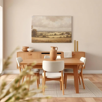 A farmhouse-style dining room with a wooden table and chairs, featuring a large countryside landscape canvas on the wall. The serene artwork showcases rolling fields and a charming white farmhouse, adding a rustic, peaceful touch to the space.