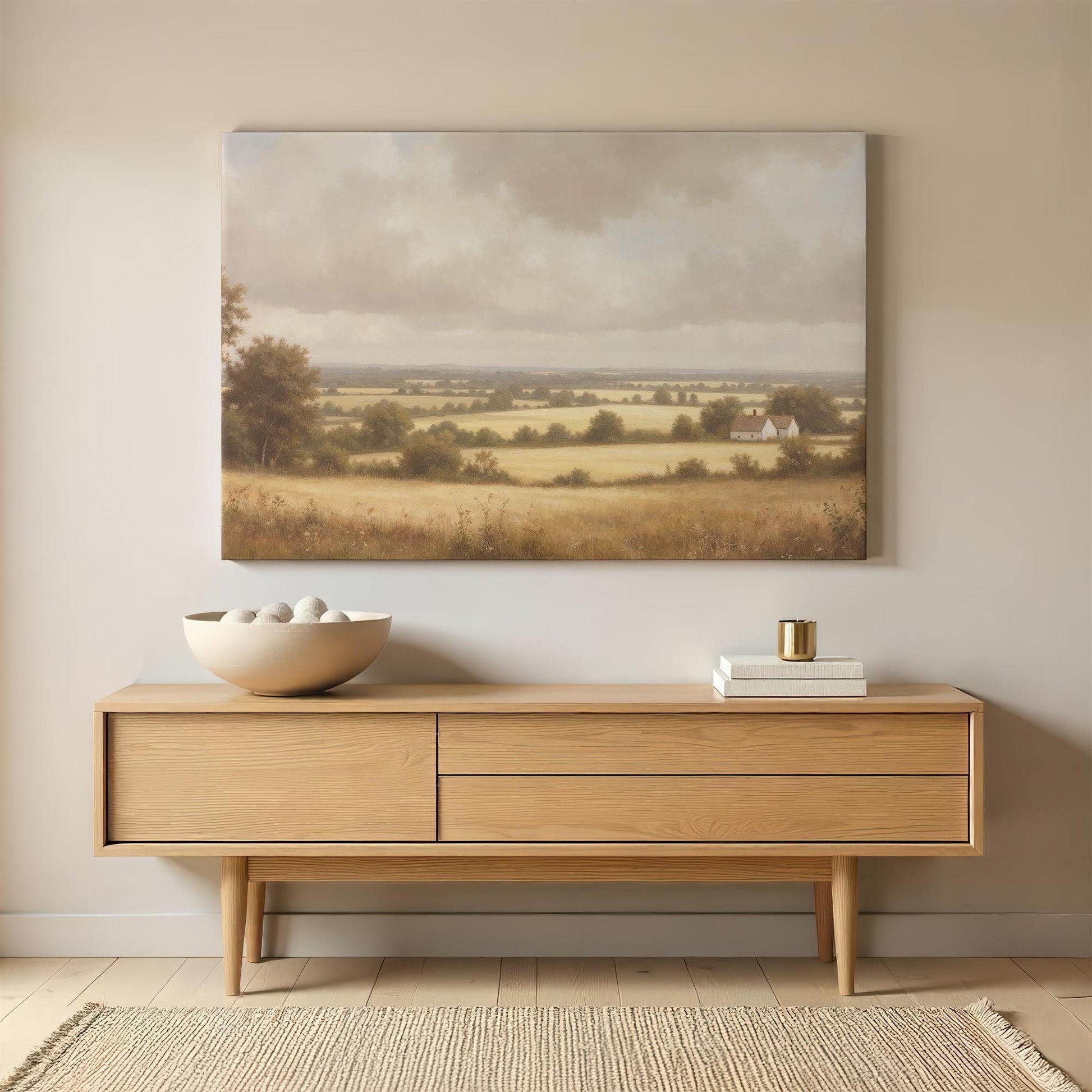 A large canvas print of a countryside landscape hangs above a modern wooden console table. The artwork depicts rolling golden fields, a small white farmhouse, and a cloudy sky, blending seamlessly with the neutral decor.