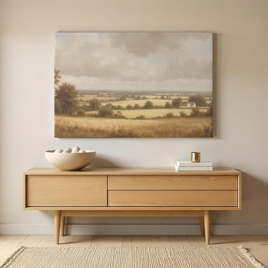 A large canvas print of a countryside landscape hangs above a modern wooden console table. The artwork depicts rolling golden fields, a small white farmhouse, and a cloudy sky, blending seamlessly with the neutral decor.