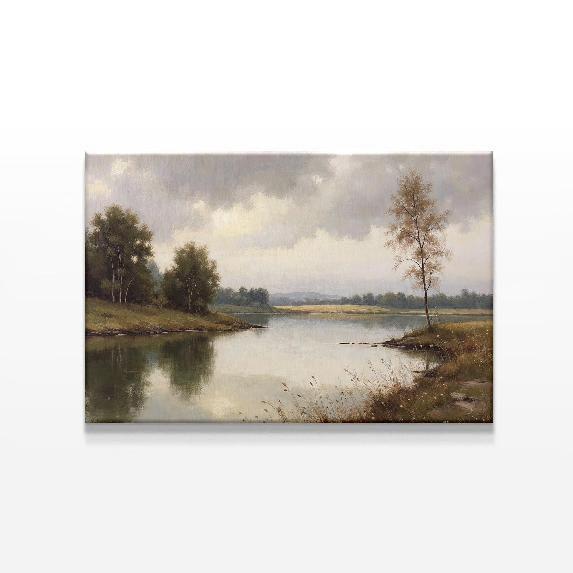A close-up product shot of the landscape canvas print against a white background, showcasing the intricate details of the lake, trees, and moody sky in soft, muted tones.
