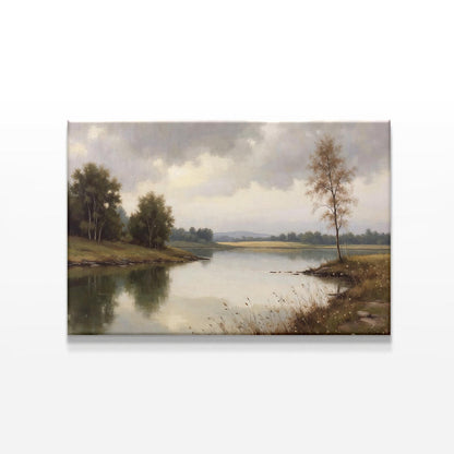 A close-up product shot of the landscape canvas print against a white background, showcasing the intricate details of the lake, trees, and moody sky in soft, muted tones.