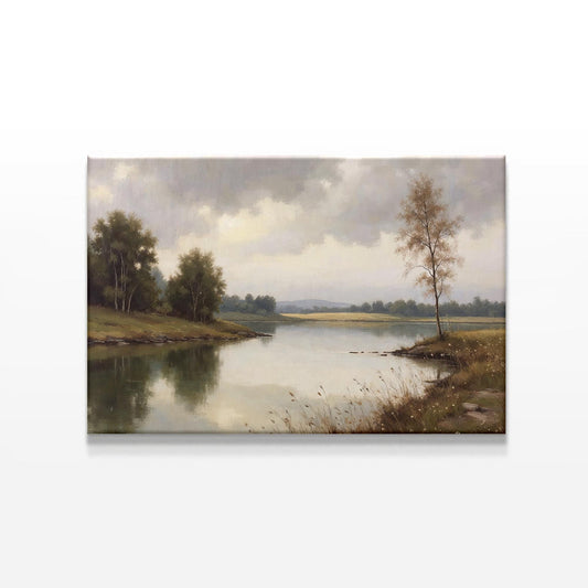 A close-up product shot of the landscape canvas print against a white background, showcasing the intricate details of the lake, trees, and moody sky in soft, muted tones.