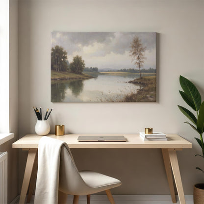 A modern workspace with the landscape canvas print hanging above a wooden desk, accompanied by a neutral-colored chair, books, and decorative gold accents, blending a natural aesthetic with contemporary design.