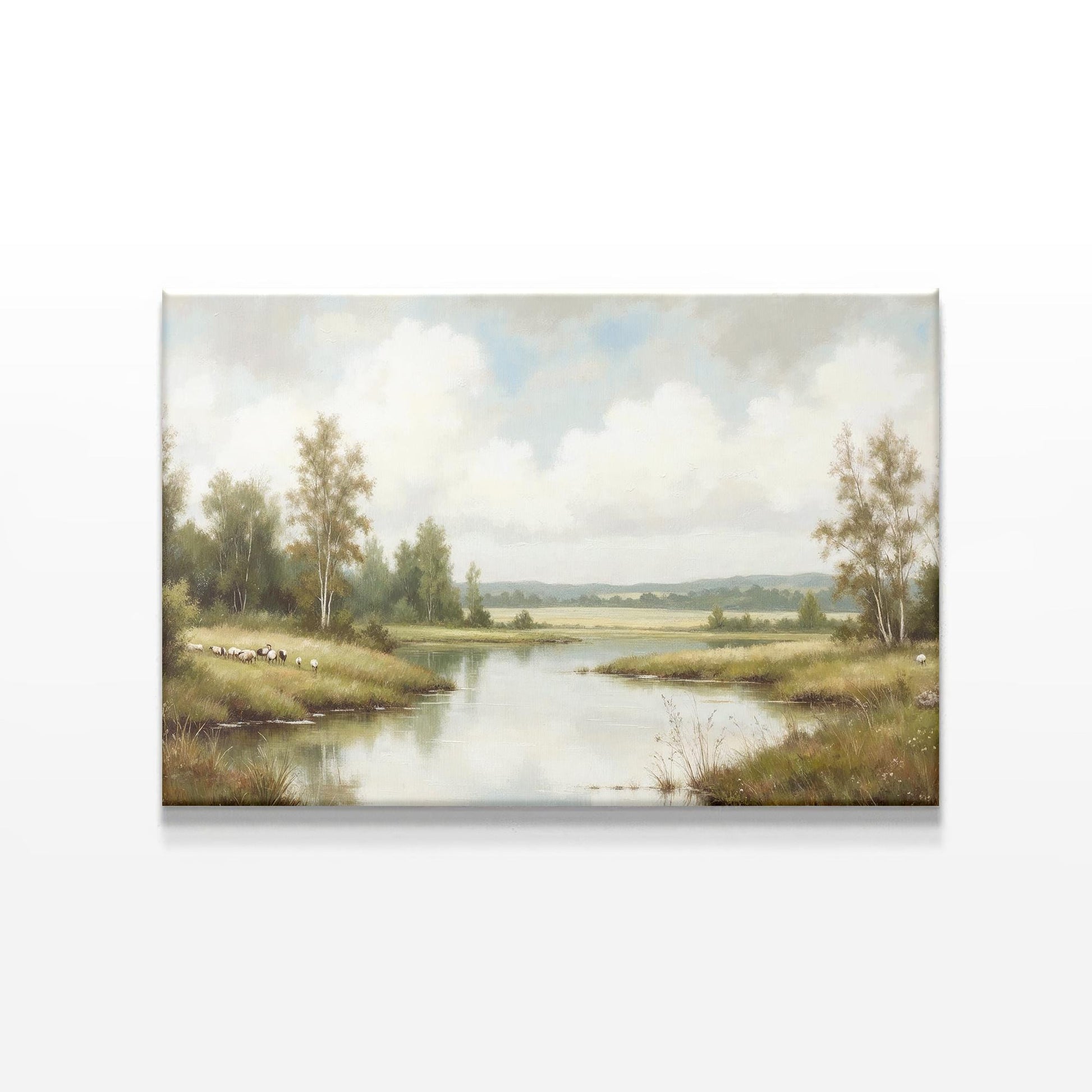 A detailed landscape canvas print of a calm river, trees, and open sky is displayed against a white background. The artwork captures a pastoral countryside setting with soft clouds and peaceful grazing sheep.