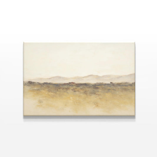 A minimalist abstract landscape canvas featuring soft beige, tan, and muted earth tones, depicting distant mountains blending into the sky, creating a serene and calming atmosphere.