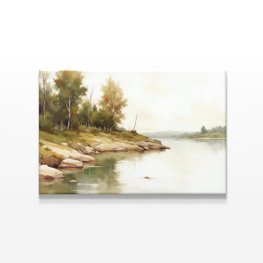 A canvas print featuring a peaceful riverside landscape with autumn trees, calm reflective water, and rolling hills in the distance. The muted colors and soft brushstrokes create a serene and natural ambiance.