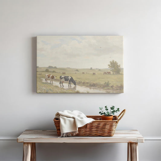A serene pastoral canvas featuring cows grazing by a peaceful stream, mounted on a neutral wall above a woven basket with a potted plant and a soft throw. Ideal for farmhouse decor.