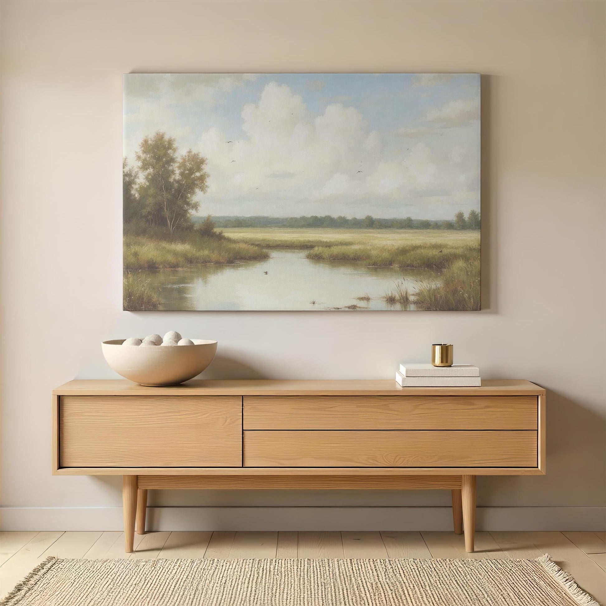 A rustic-inspired living space featuring a framed countryside landscape print above a mid-century modern wooden sideboard. Neutral tones, stacked books, and a ceramic bowl complement the soft hues of the artwork, creating a warm and inviting space.