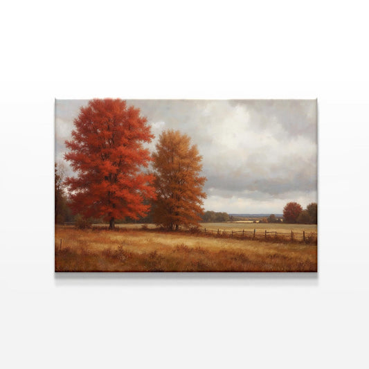 Vintage-inspired countryside canvas print with fall foliage, open fields, and a rustic wooden fence. Cozy farmhouse decor for living rooms, entryways, or offices.