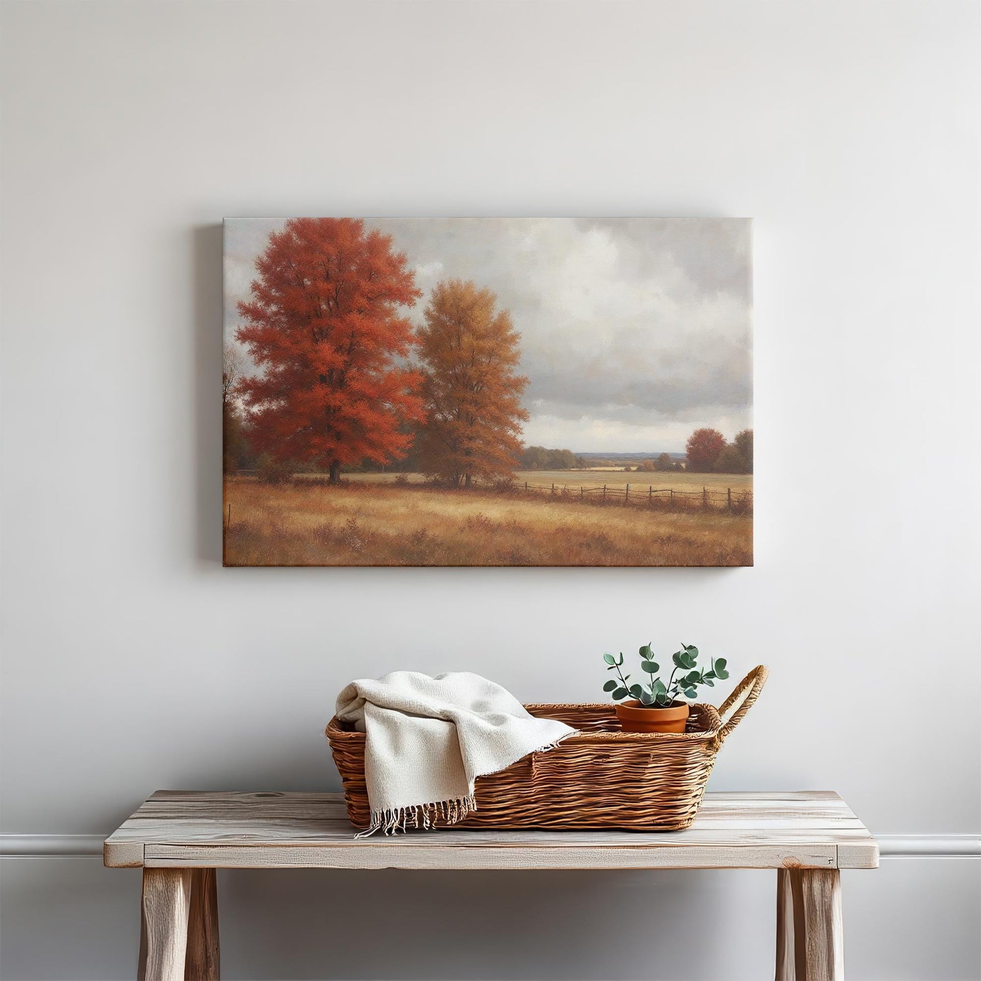 Vintage-inspired countryside canvas print with fall foliage, open fields, and a rustic wooden fence. Cozy farmhouse decor for living rooms, entryways, or offices.