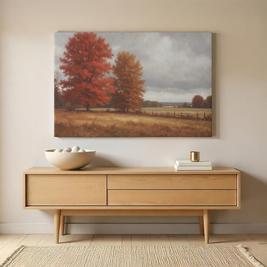 Large autumn landscape canvas art featuring vibrant red and orange trees in a rustic countryside setting. Perfect farmhouse wall decor above a mid-century modern wood console.