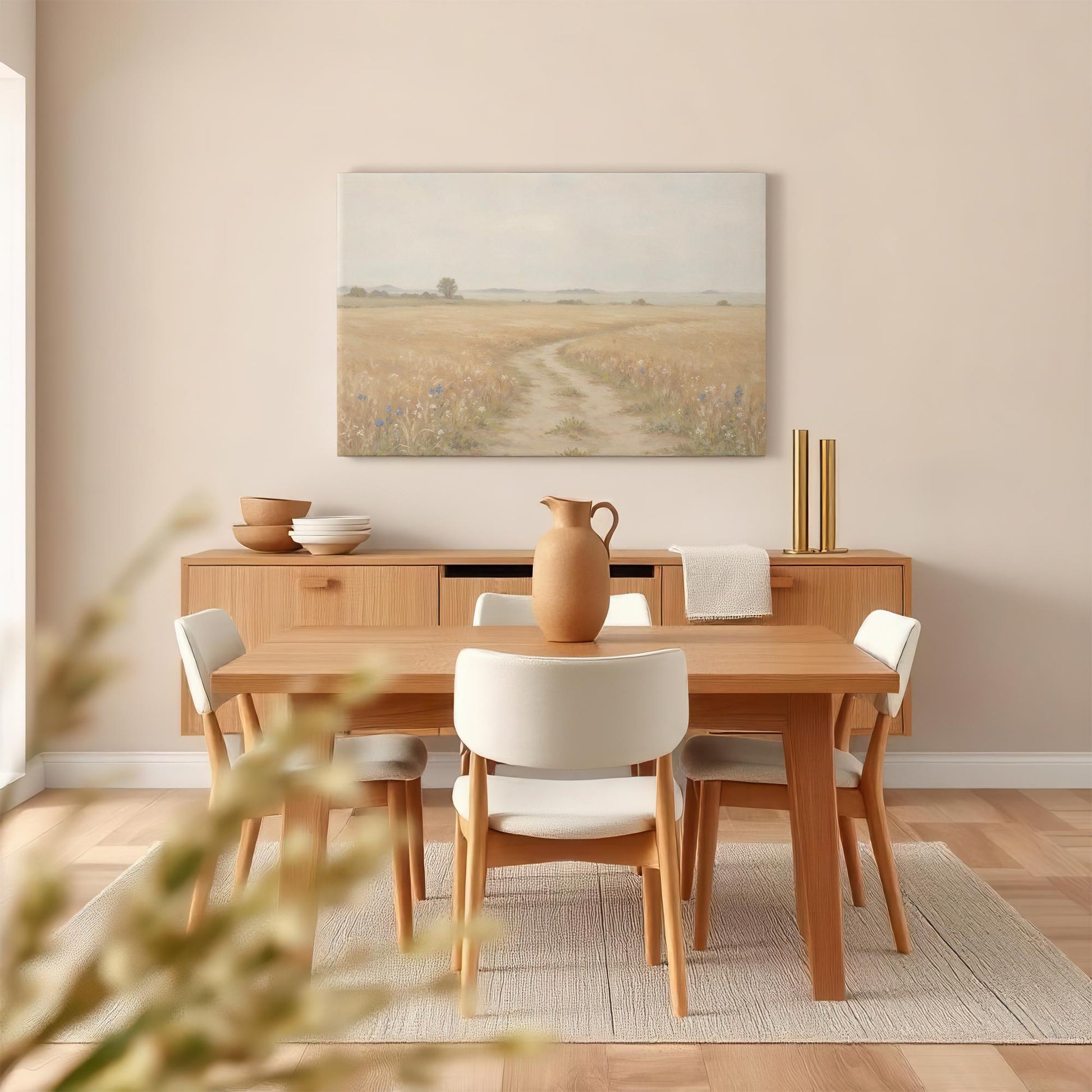 Elegant dining room with a wood table, white upholstered chairs, and a nature-inspired canvas print featuring a golden wheat field with a winding path. Soft, neutral decor complements the rustic landscape art.&quot;