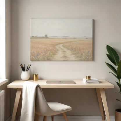 Modern workspace with a neutral-toned desk, white chair, and gold-accented decor. A serene wheat field landscape canvas hangs above, adding a calming nature-inspired touch to the office space.