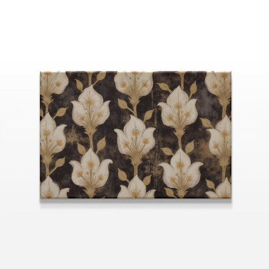 Vintage floral canvas wall art featuring an ornate gold and cream botanical pattern on a dark textured background. Elegant, decorative artwork for sophisticated interiors.