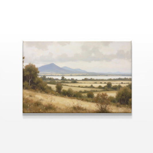 Oversized countryside landscape wall art featuring a tranquil valley, distant blue mountains, and a calm lake. Perfect for farmhouse and country-style interiors.