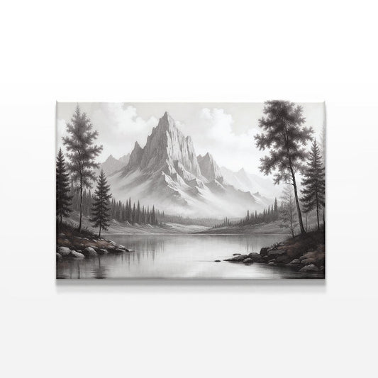 Large grayscale mountain lake canvas print displayed against a white background, featuring towering peaks and evergreen trees, ideal for adding a minimalist and rustic touch to any modern home or lodge-style decor.