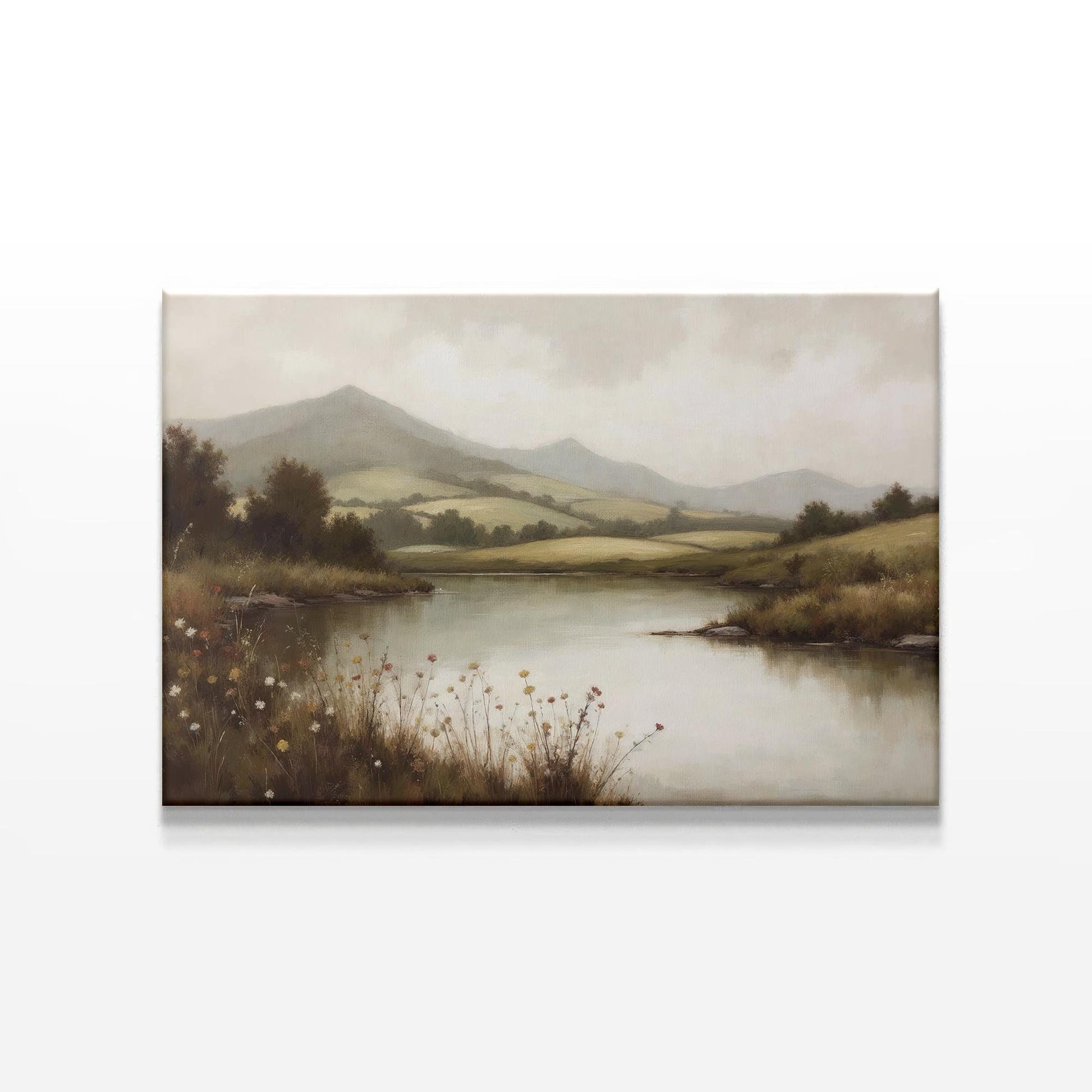 Serene landscape canvas wall art featuring rolling green hills, a calm river, and wildflowers. Styled in a minimalist home with a sleek wooden console, neutral décor, and soft lighting for a tranquil aesthetic. Perfect for rustic and modern spaces.