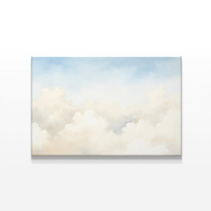 Minimalist cloudscape canvas print with soft white and blue hues, bringing a tranquil and airy atmosphere to any space. Perfect for modern, calming home decor and wall art enthusiasts.