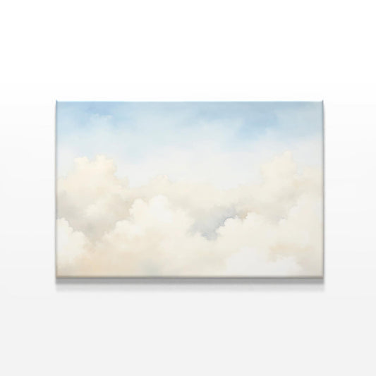 Minimalist cloudscape canvas print with soft white and blue hues, bringing a tranquil and airy atmosphere to any space. Perfect for modern, calming home decor and wall art enthusiasts.