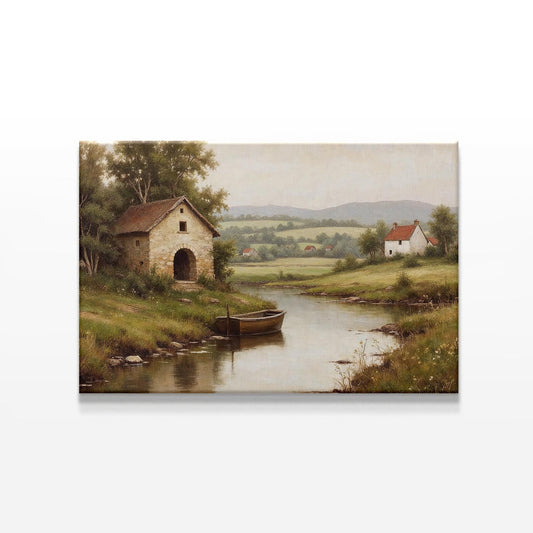 Vintage-inspired landscape canvas wall art featuring a serene river, rustic stone house, and countryside scenery. Ideal for classic home decor, farmhouse aesthetics, or nature lovers&#39; interiors.