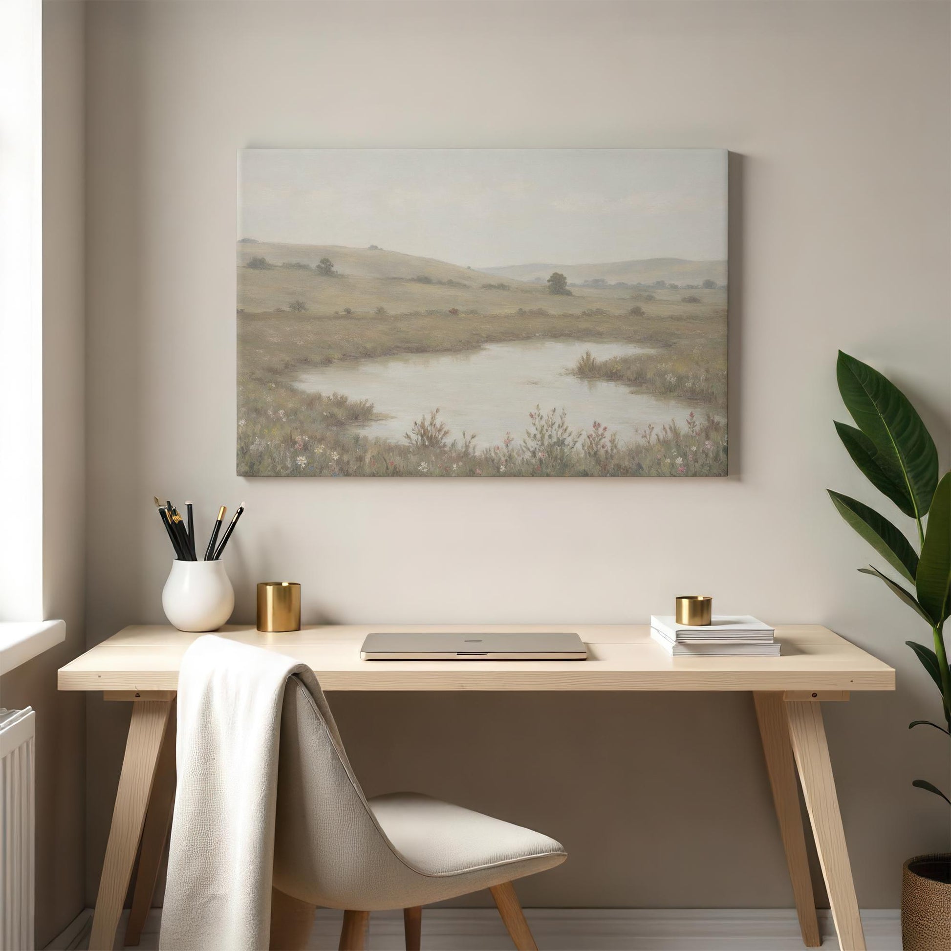 Calming countryside canvas print displayed above a light wood desk with a neutral chair, gold accents, and greenery. A peaceful pond and rolling hills artwork perfect for creating a relaxing office or study atmosphere.