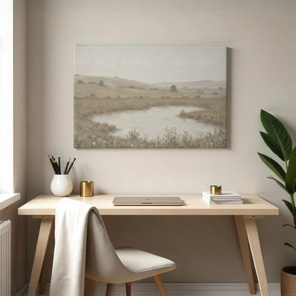 Calming countryside canvas print displayed above a light wood desk with a neutral chair, gold accents, and greenery. A peaceful pond and rolling hills artwork perfect for creating a relaxing office or study atmosphere.
