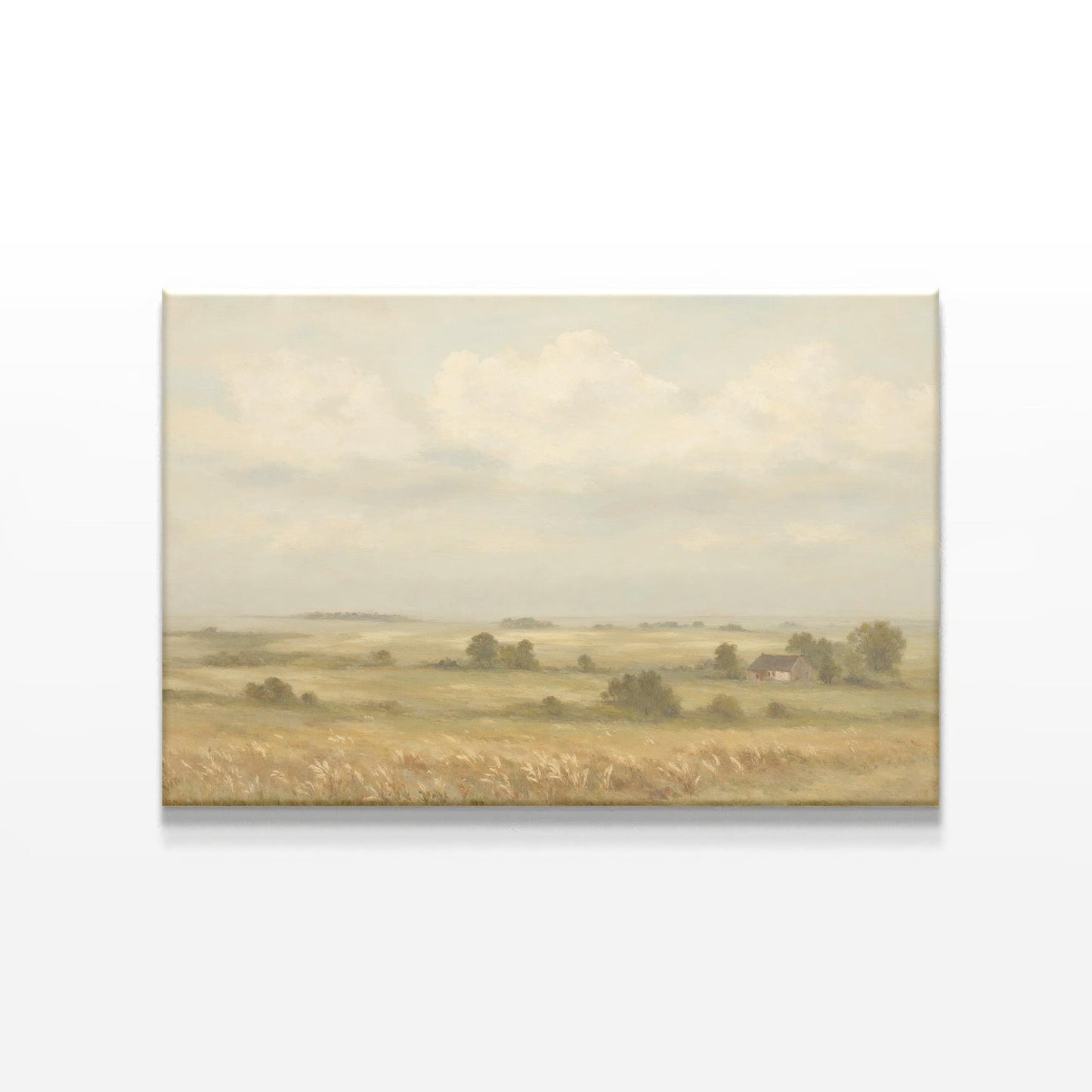 Minimalist product display of a countryside landscape canvas wall art featuring open fields, distant trees, and a serene sky. Perfect for rustic home decor, farmhouse aesthetics, and modern country-style interiors.