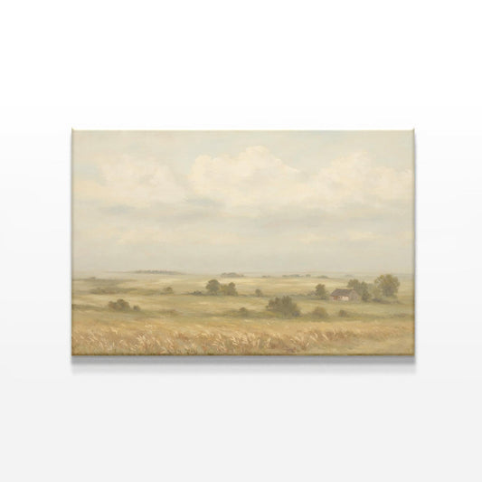 Minimalist product display of a countryside landscape canvas wall art featuring open fields, distant trees, and a serene sky. Perfect for rustic home decor, farmhouse aesthetics, and modern country-style interiors.