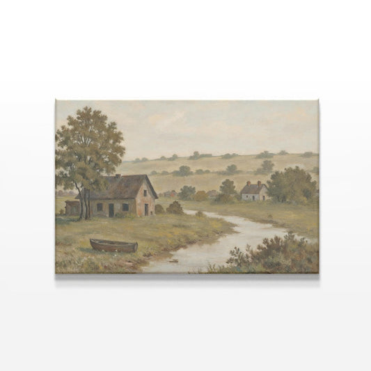 A vintage countryside landscape canvas featuring a rustic home, a calm river, and rolling green hills in soft muted tones. Ideal wall art for farmhouse decor, cozy interiors, or nature-inspired living spaces.