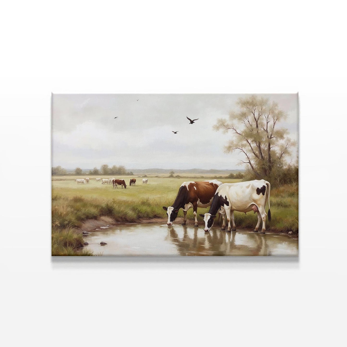 Vintage-style pastoral cow painting depicting a serene countryside with grazing cattle and birds overhead, printed on canvas. Perfect for rustic farmhouse decor, adding warmth and nostalgia to any home or office space.